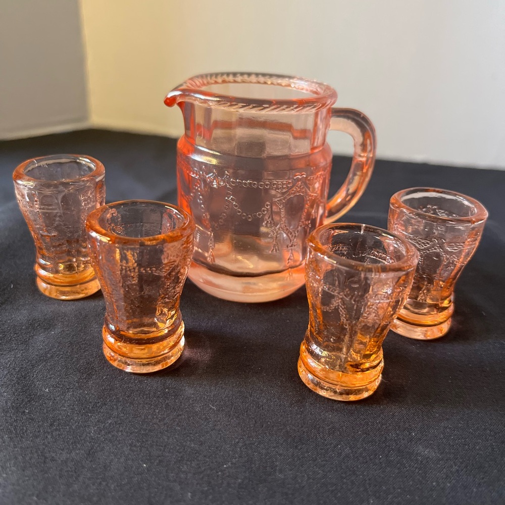 Pink Depression Glass Doll House   Pitcher And Four Glasses